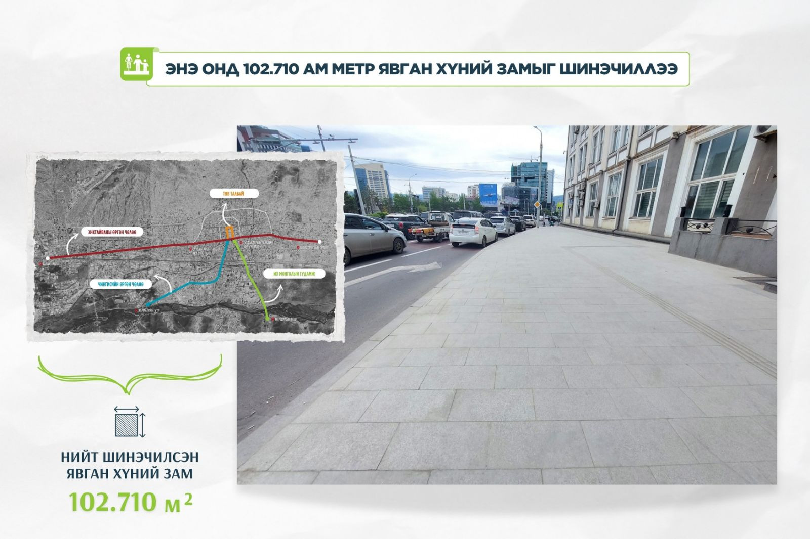 102.710 ам метр явган замыг байгалийн чулуун хавтангаар шинэчлээд байна